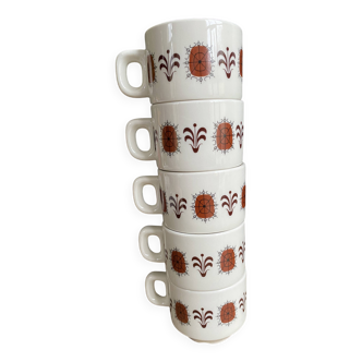 Set of 5 Brown Patterned Bistro Mugs, 1970s - Vintage