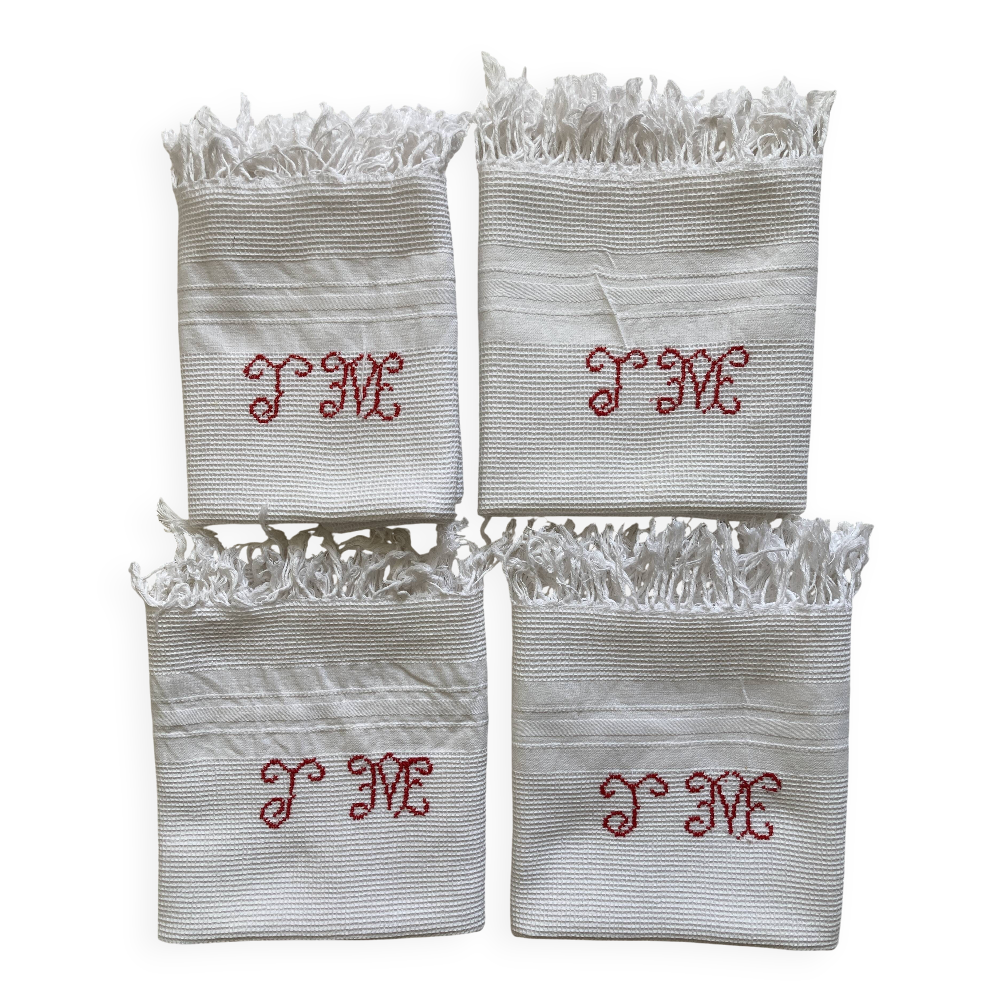 4 antique tea towels - honeycomb - monogrammed JM