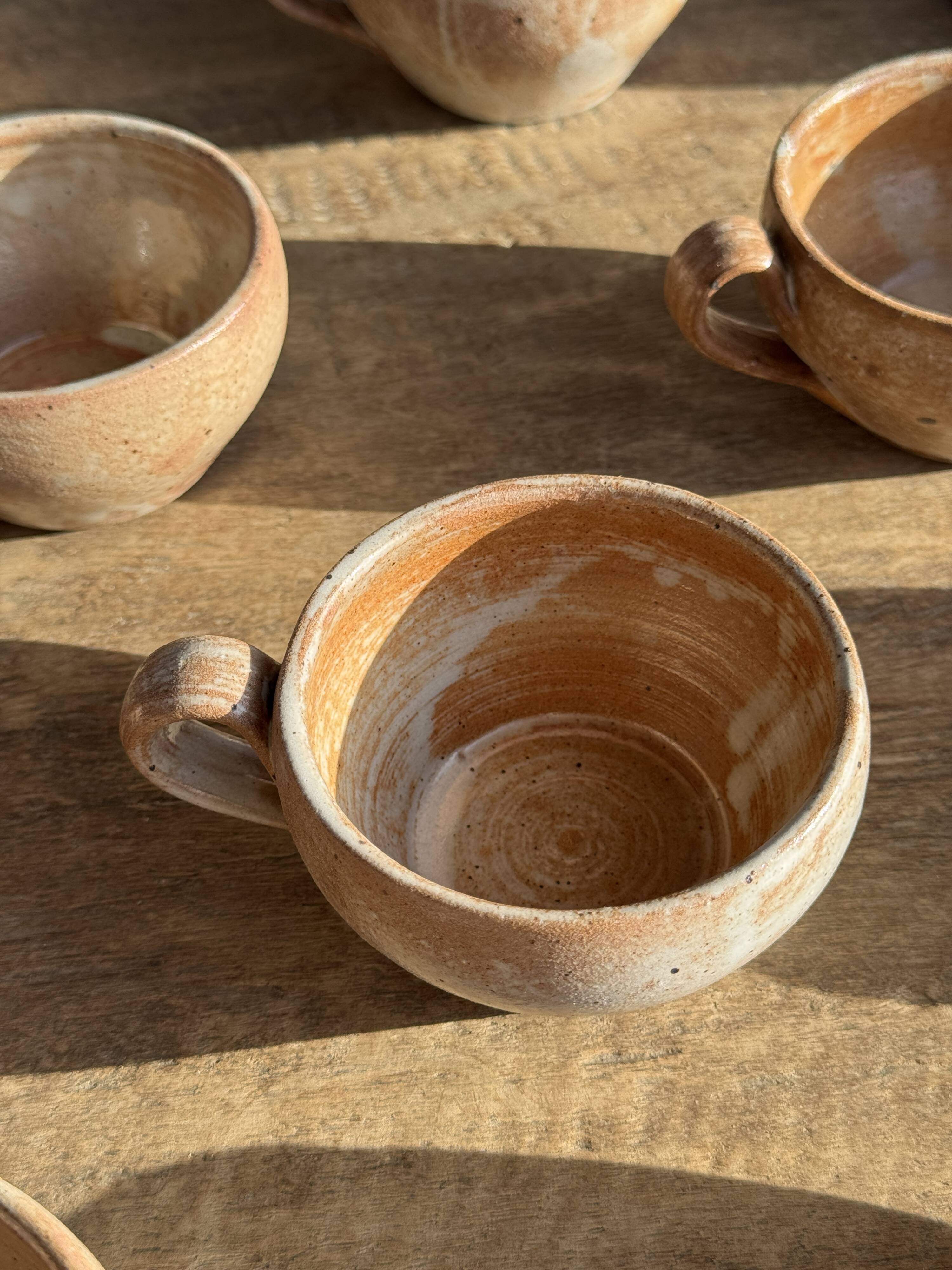Set of 11 vintage coffee cups, raw matte stoneware H11