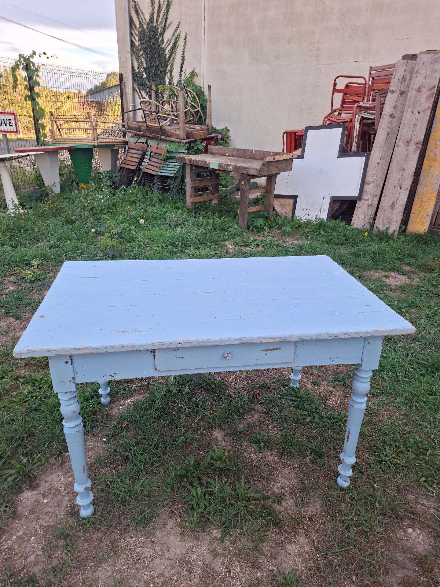 Old patinated blue bistro farmhouse table - 1.2m