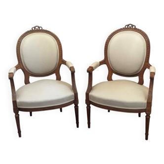 Pair of Louis XVI style medallion armchairs, late 19th / early 20th century.