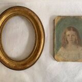 19th century portrait of a young girl, oil painting framed in oval gilded wood