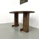 Oval table with T-shaped legs, solid oak, student woodworking project.