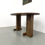 Oval table with T-shaped legs, solid oak, student woodworking project.