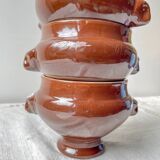 7 vintage Emile Henry ceramic lion head onion soup bowls - brown, made in France