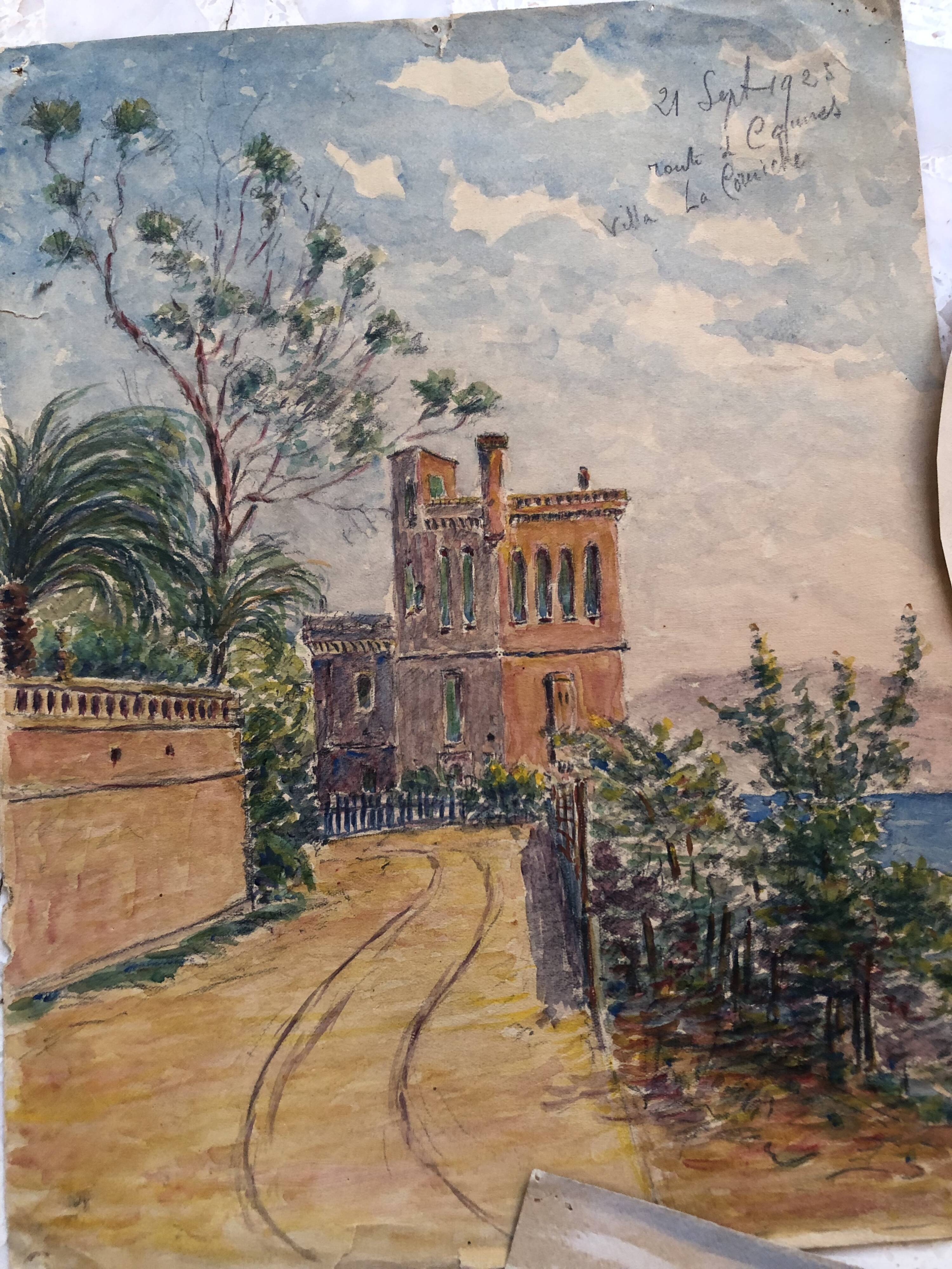 Set of 4 watercolors 1920 cannes, l. bruel, le suquet la corniche island st honorat bay alpes maritimes 06