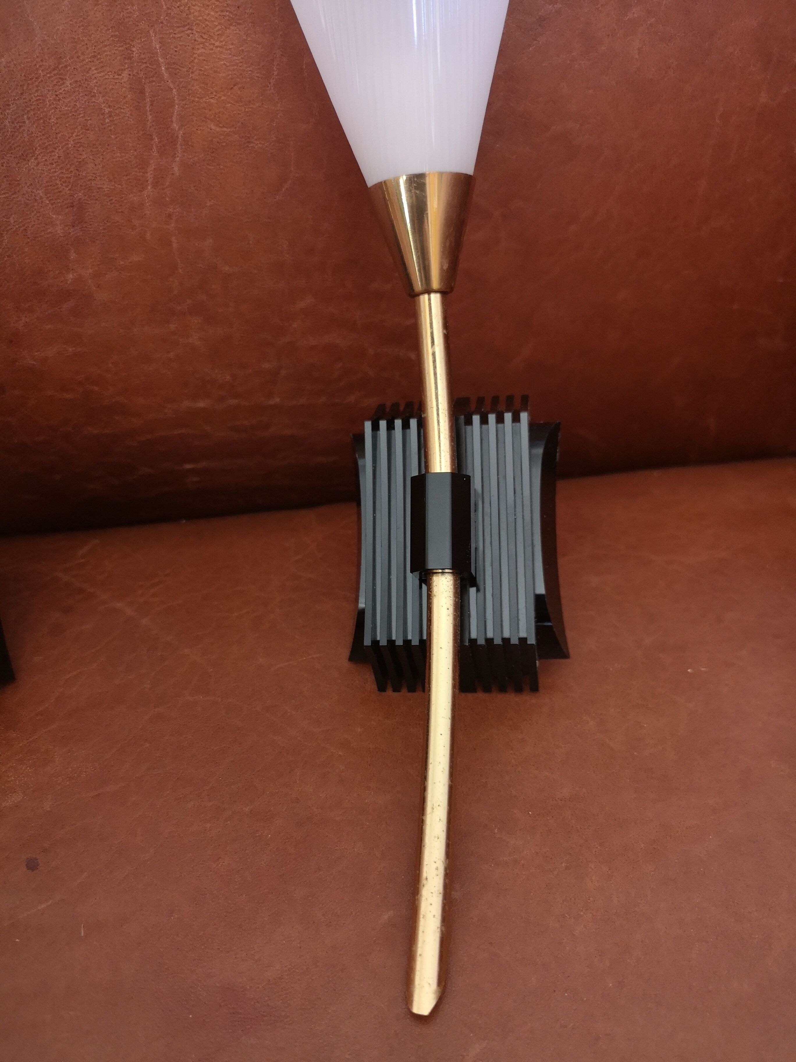 Pair of vintage 50s brass and fluted plexiglass sconces