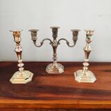 Antique silver-plated metal candlestick and candle holders