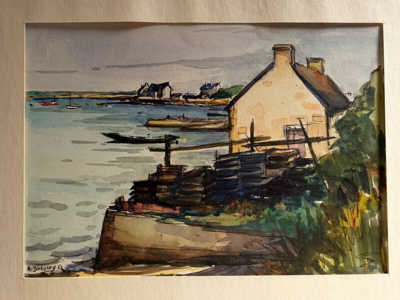André Duculty (1912-1990) Watercolor on paper "Locmariaquer, Morbihan, oyster farmer's house"