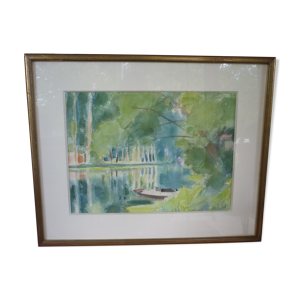 Tableau aquarelle barque dans marais