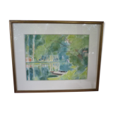 Tableau aquarelle barque dans marais signé j chabot
