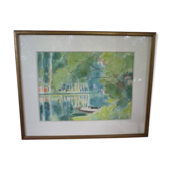 Tableau aquarelle barque dans marais signé j chabot