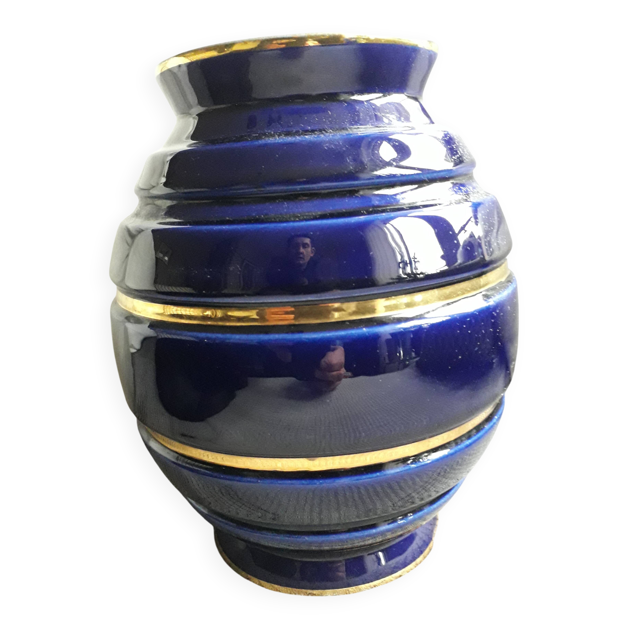 Large vintage blue and gold ceramic vase