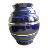 Grand vase vintage en céramique bleu et or