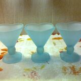 set of 3 ice cream / dessert cups, on foot, frosted blue-green glass