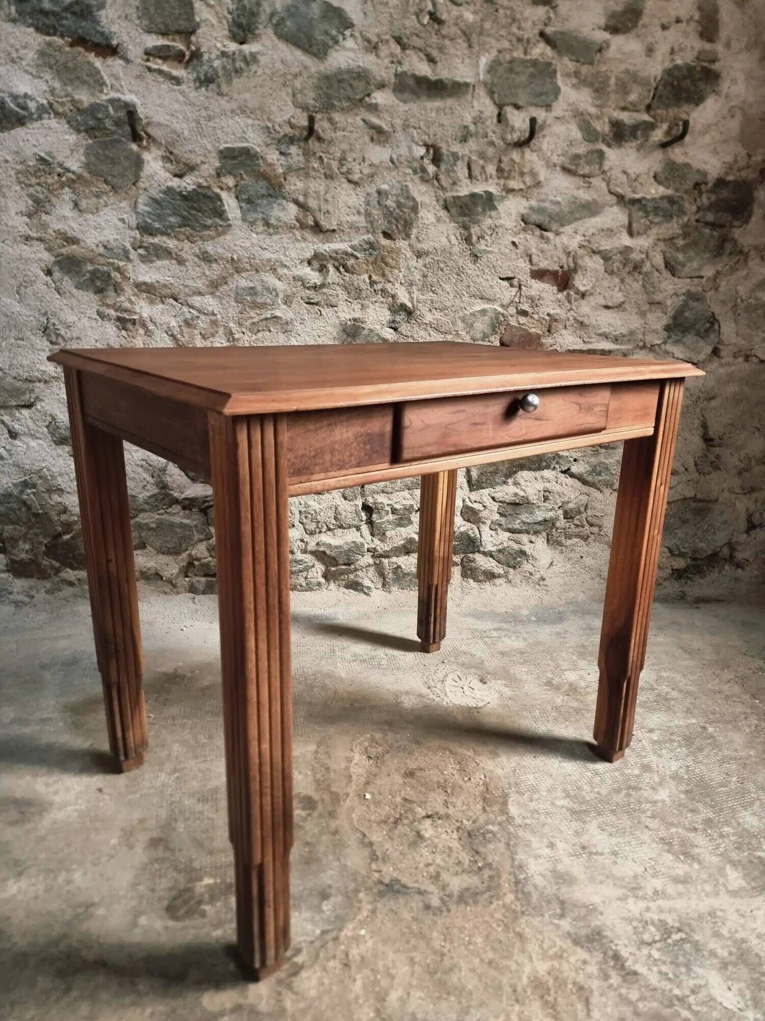 Vintage French walnut writing desk, 1950s Art Deco style, table with drawer, compact desk or side table