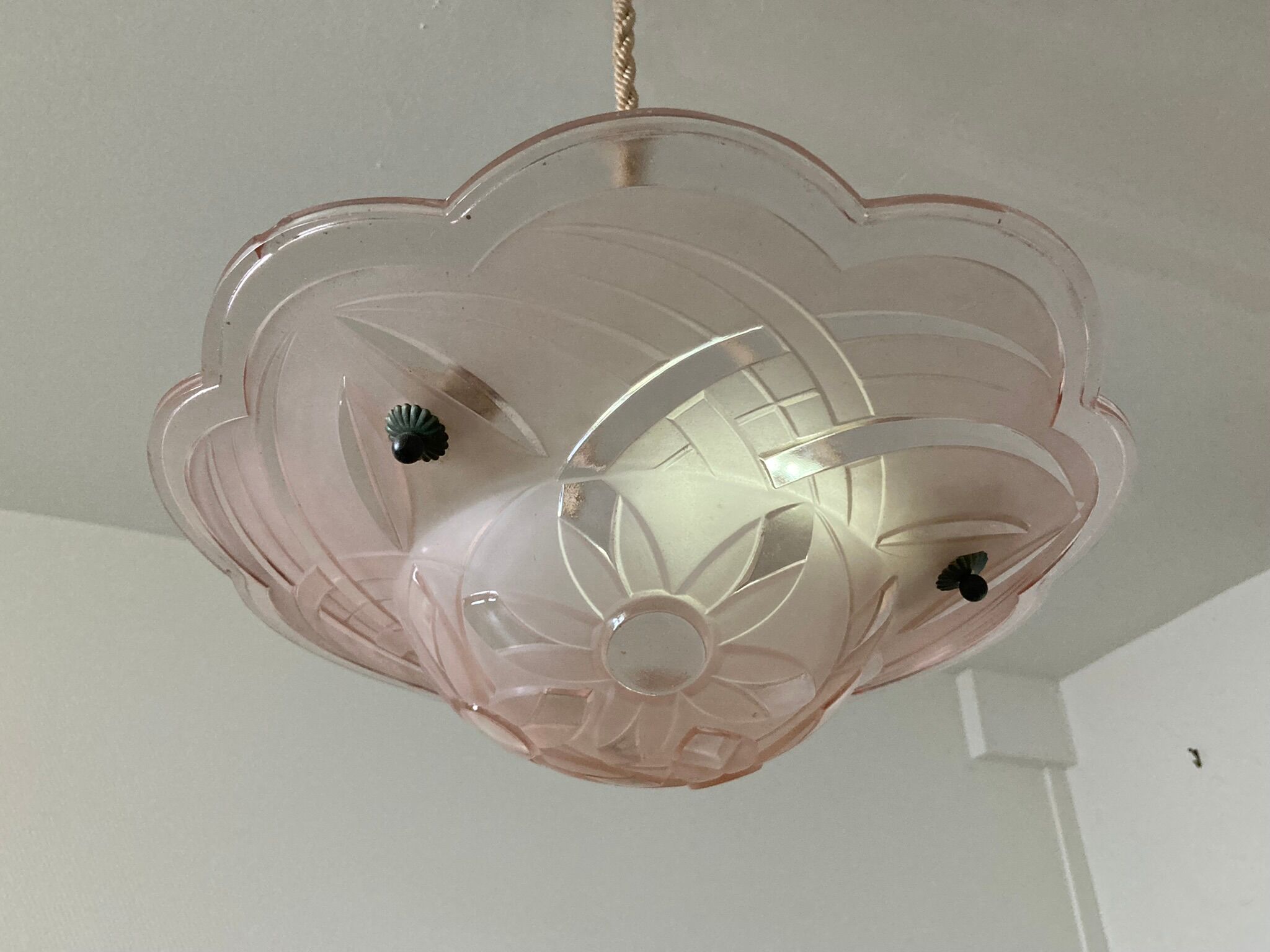 Art deco pink glass ceiling chandelier signed <Degue around 1930