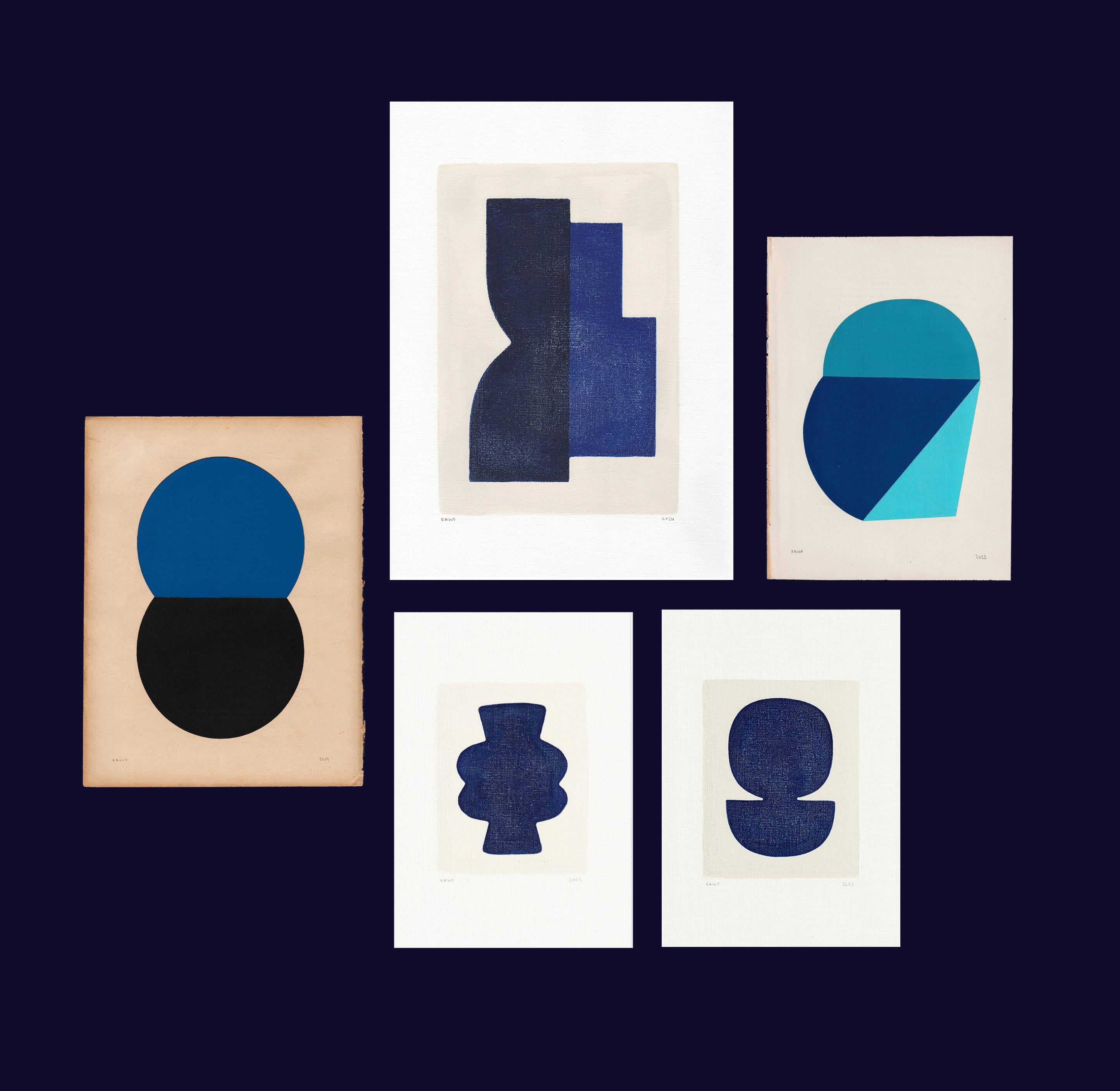 collection of 5 abstract paintings on paper signed Eawy