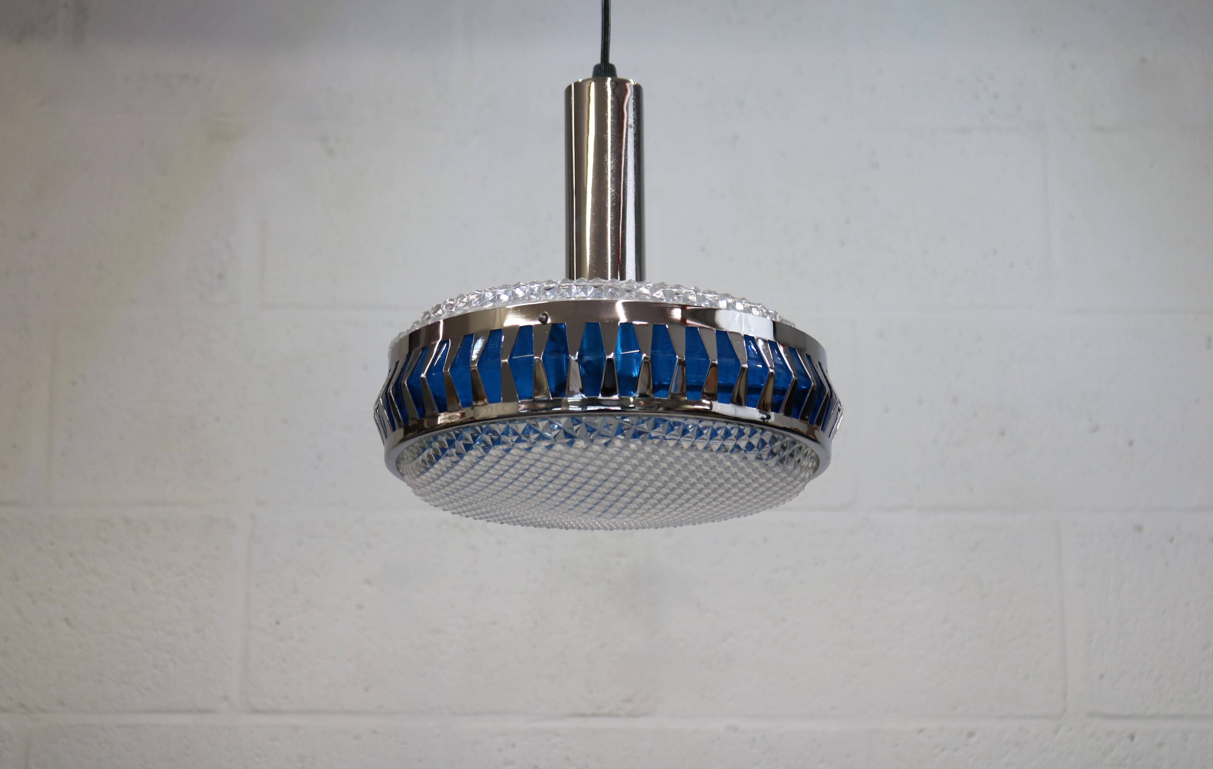 Vintage Chrome & Blue Pendant Lamp - 1970s Massive Belgium Lighting