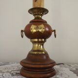 French Mid Century Round Turned Wood Lamp Base With Gold 1852 Tag & Handles