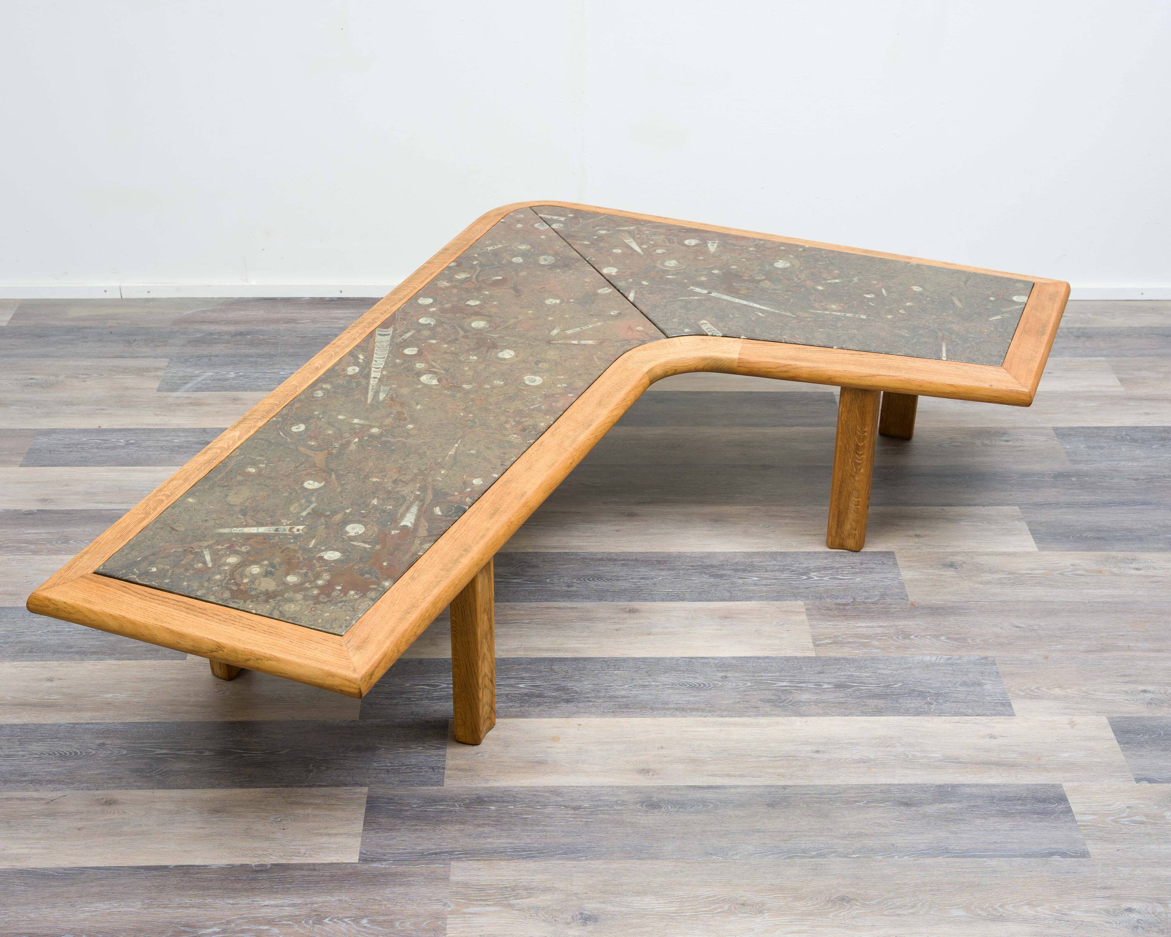Boomerang coffee table, fossil marble, 70s