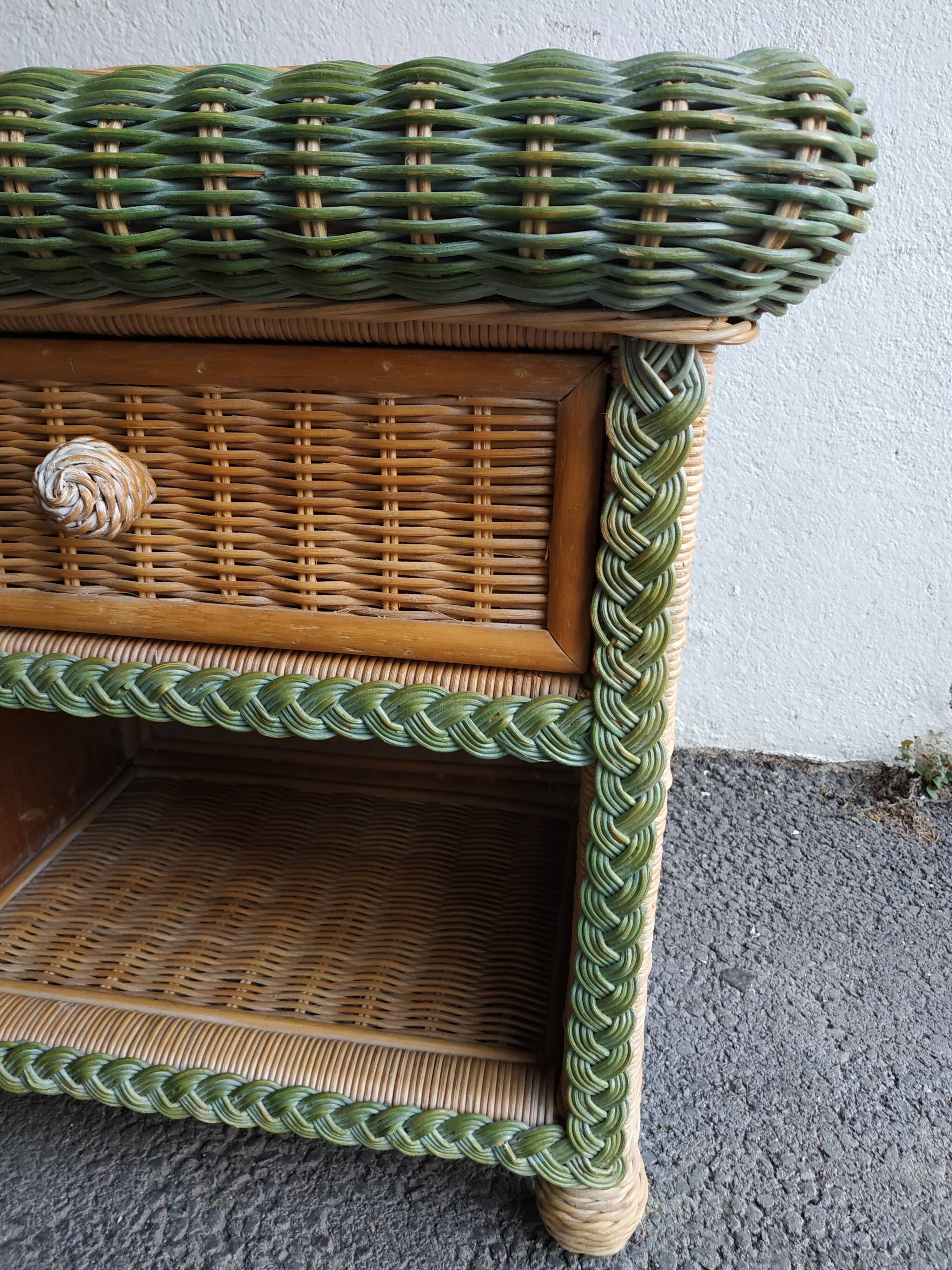 Pair of rattan and wicker bedside tables, 70s