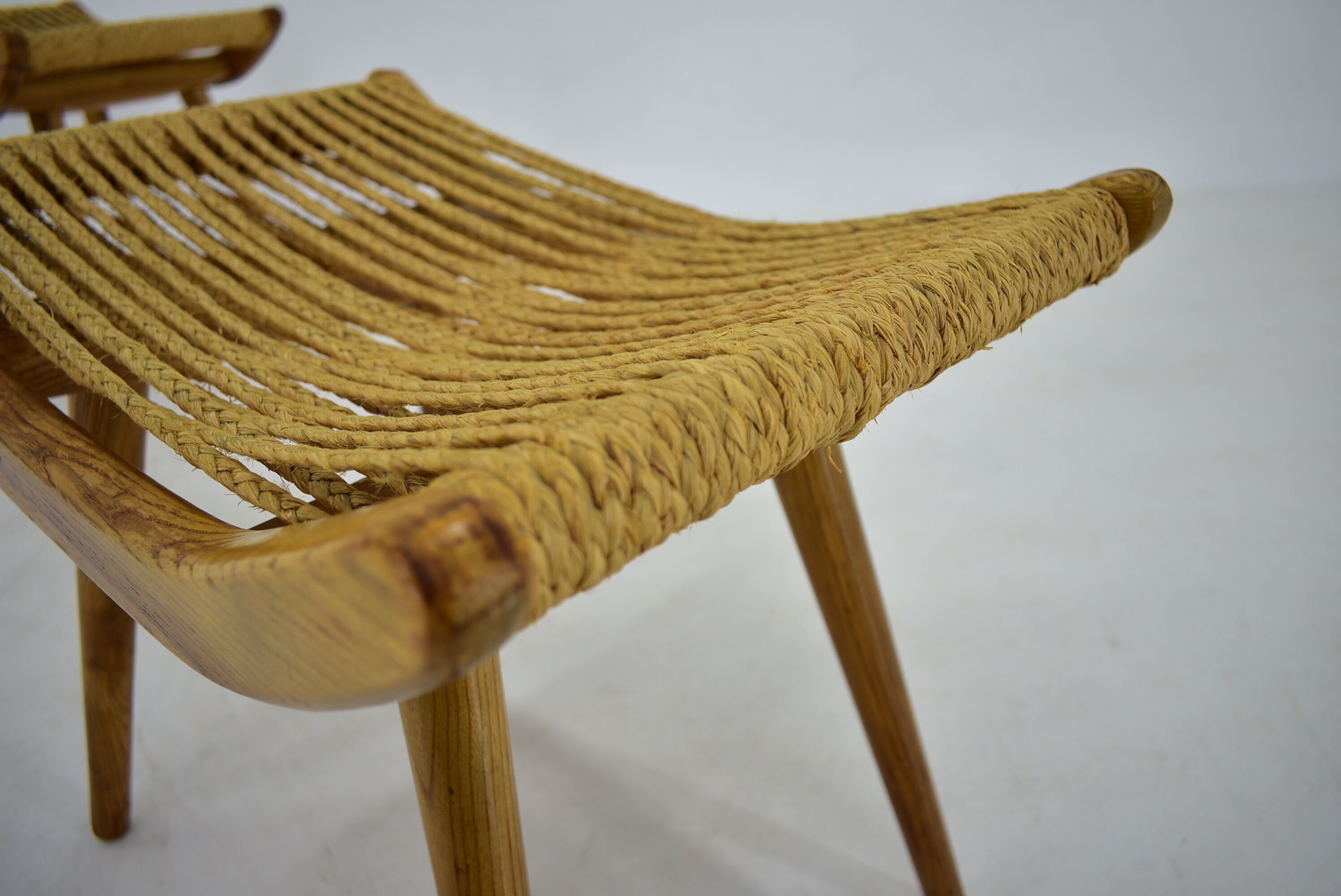 Pair of beech straw stools, 1960s, Czechoslovakia