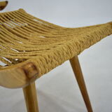 Pair of beech straw stools, 1960s, Czechoslovakia