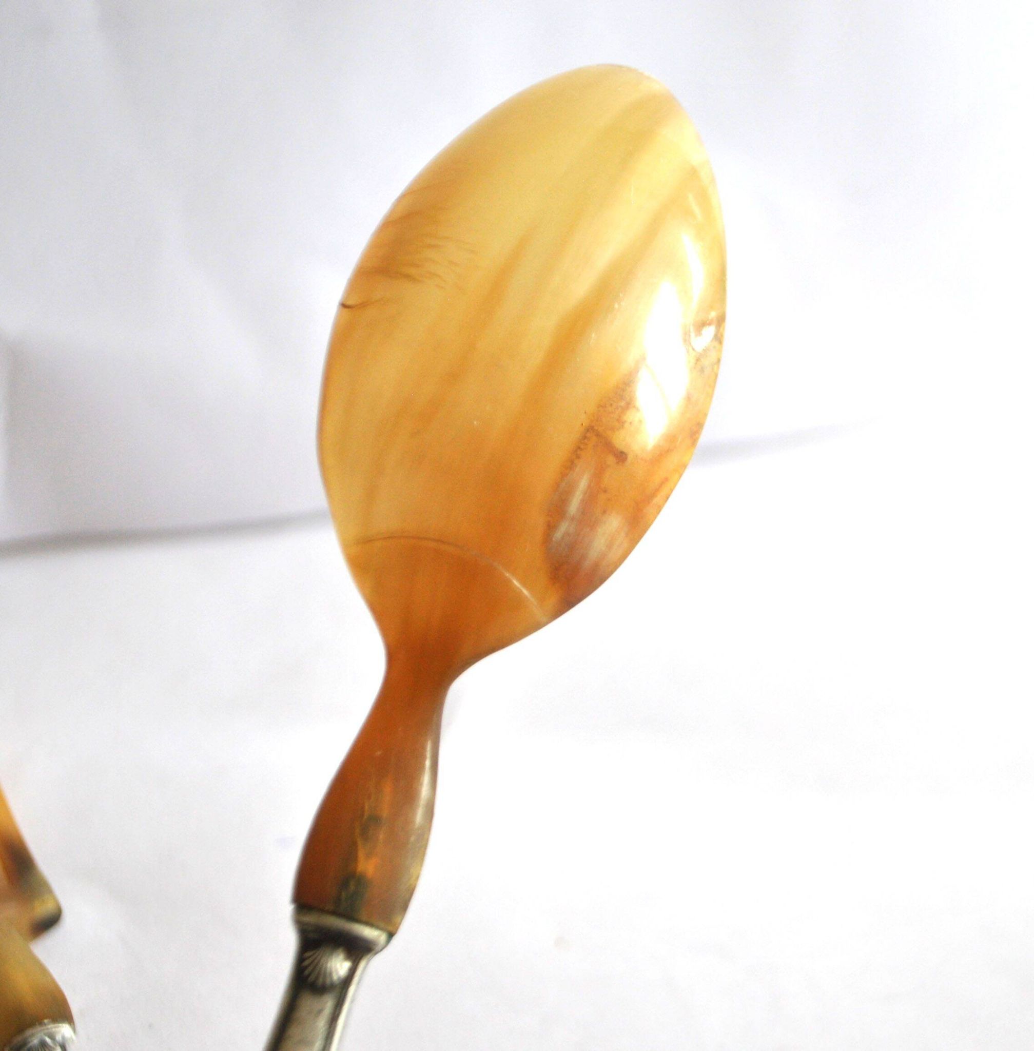 Antique horn salad cutlery – shell decoration 1900