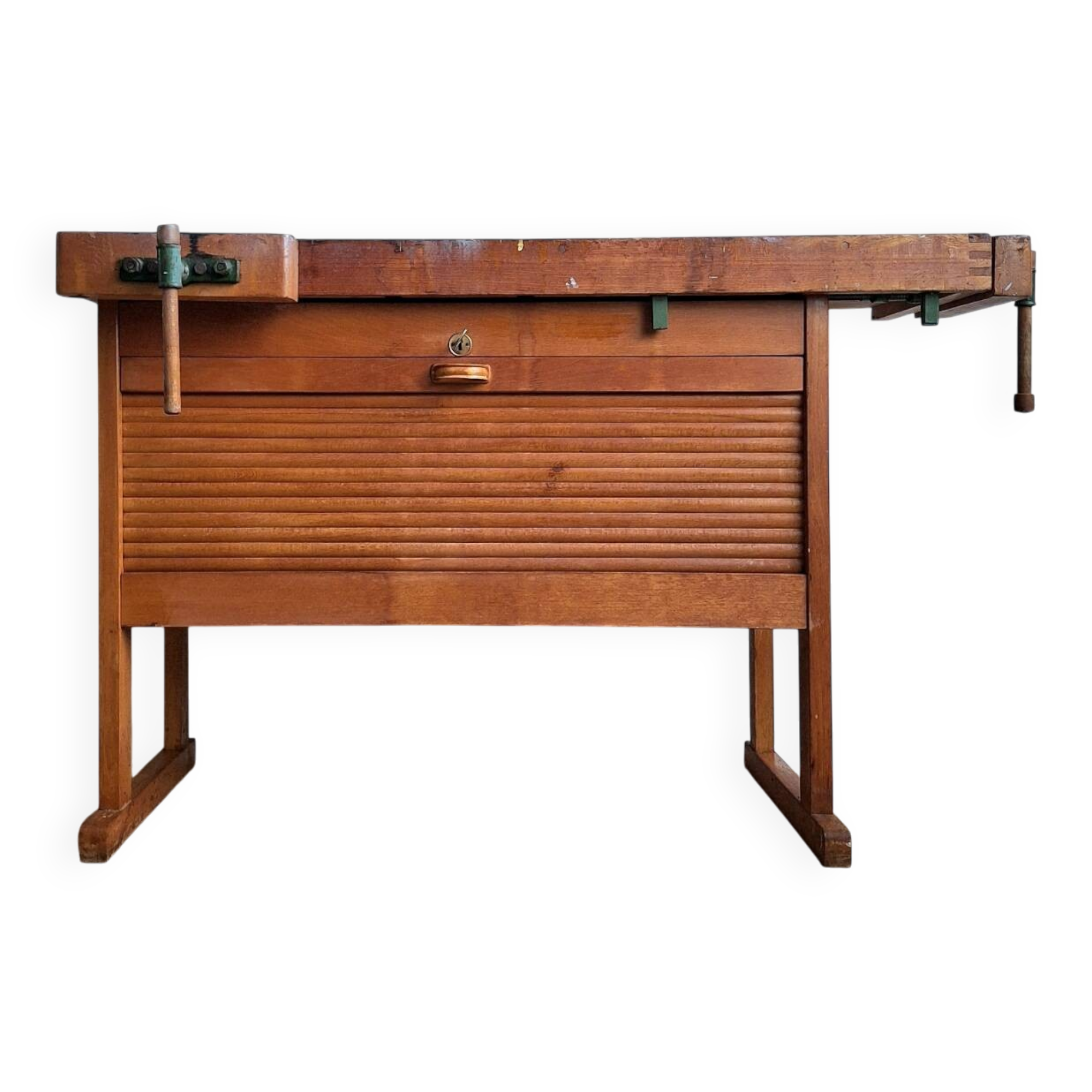 Vintage workbench with vices, antique workshop furniture.