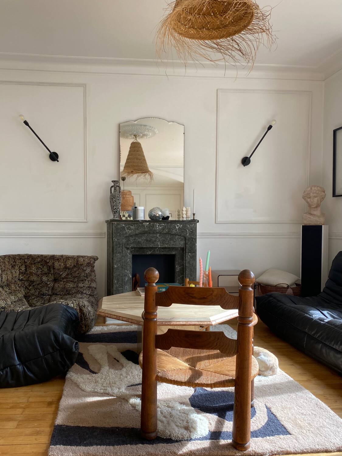 Straw and turned wood fireplace armchair in the style of Charles Dudouyt