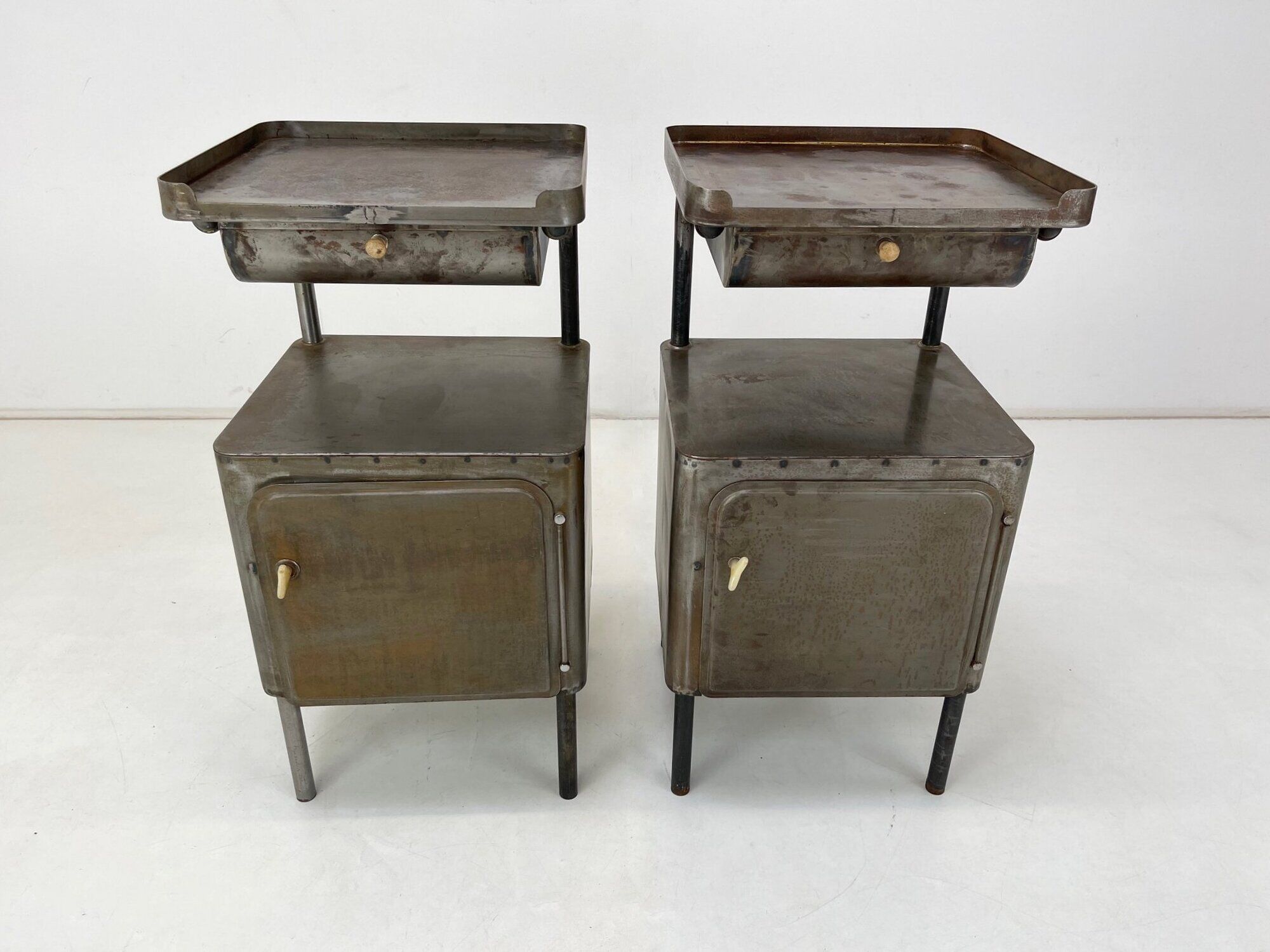 Vintage Industrial Brushed Steel Nightstands, 1920's