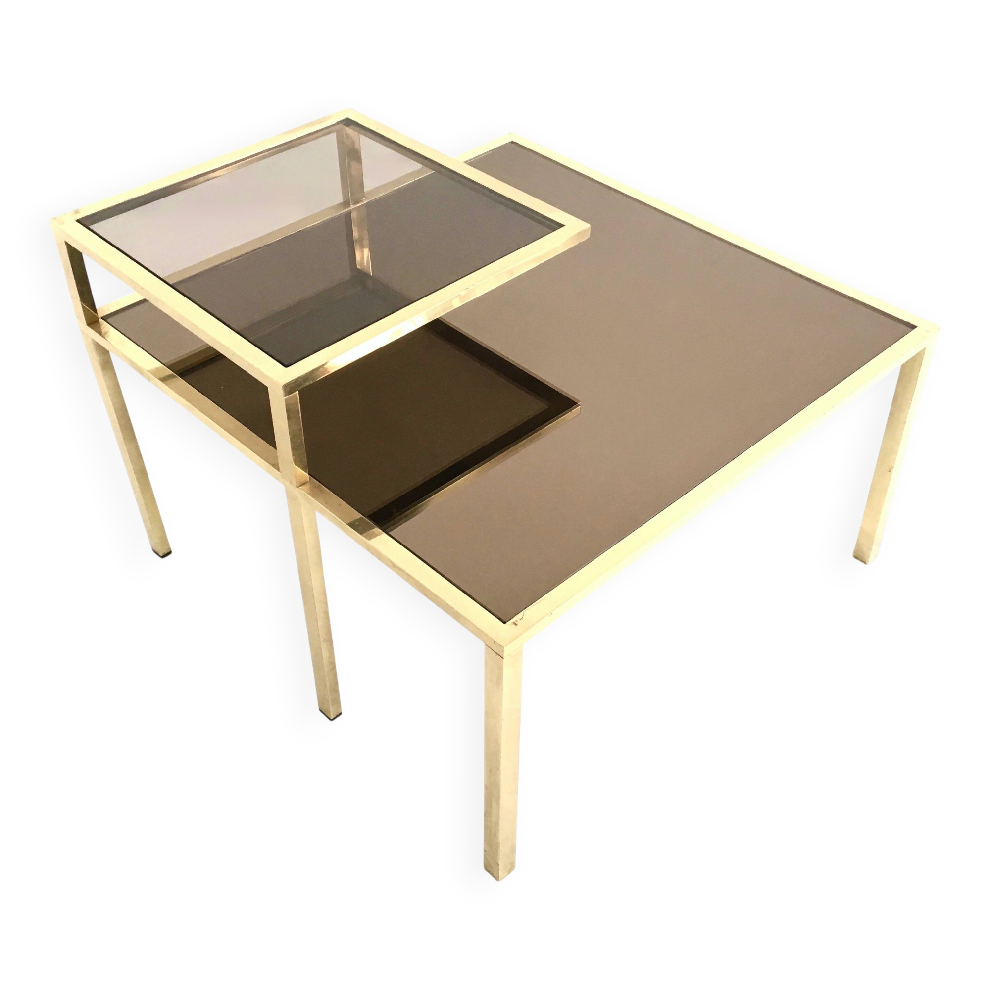 Square Brass Coffee Table with Glass Shelf and Mirrored Top, Italy