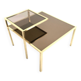 Square Brass Coffee Table with Glass Shelf and Mirrored Top, Italy