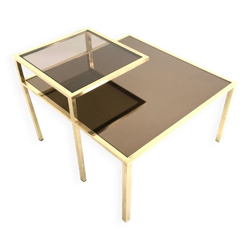 Square Brass Coffee Table with Glass Shelf and Mirrored Top, Italy