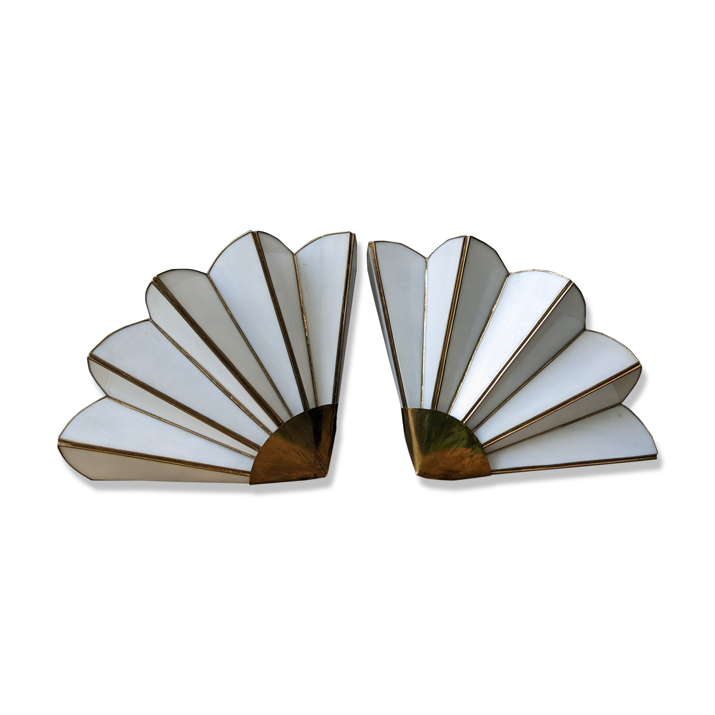 Pair of mother-of-pearl and brass fan wall lamps
