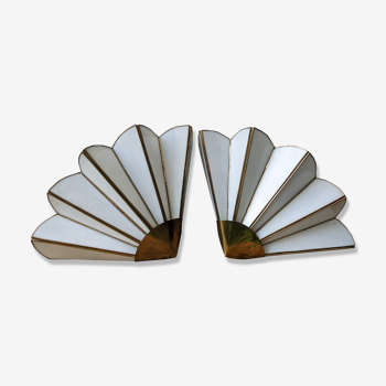 Pair of mother-of-pearl and brass fan wall lamps