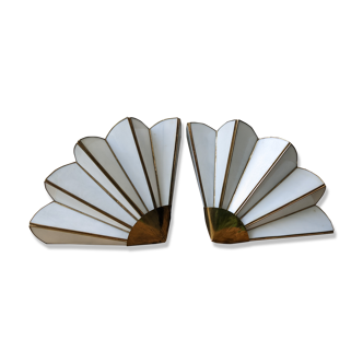 Pair of mother-of-pearl and brass fan wall lamps