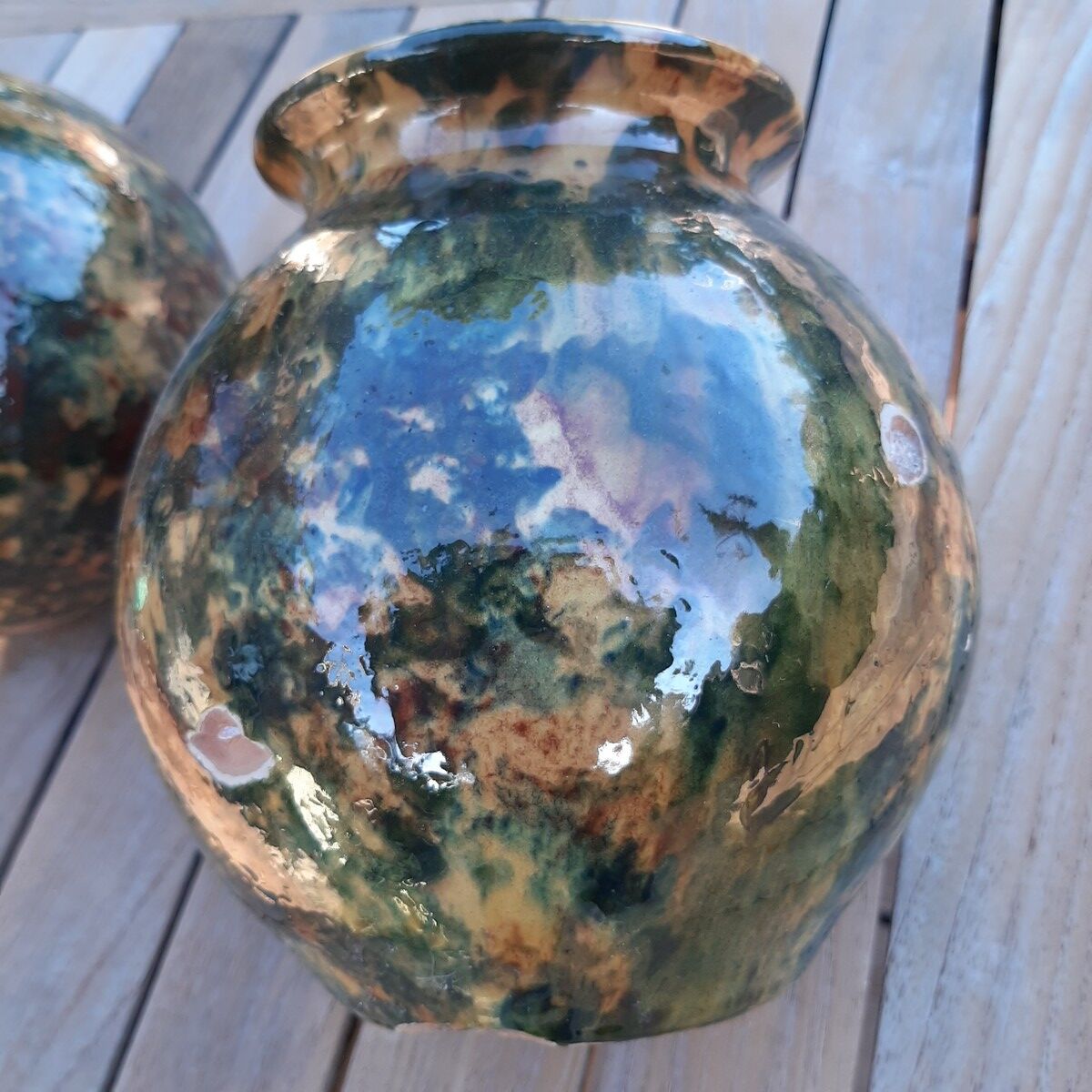 Lot of two ball vases, glazed pottery - signed / 1970s