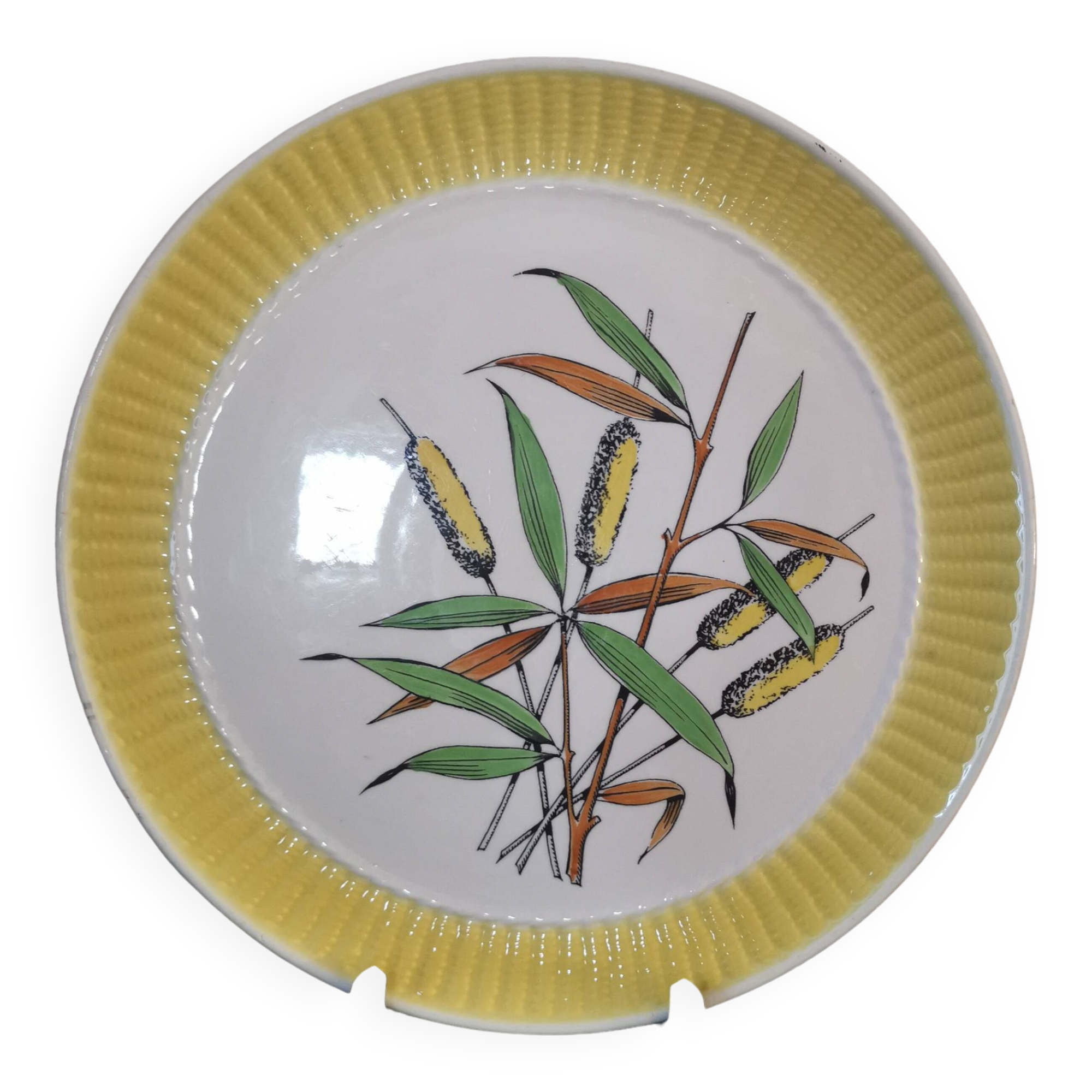 Large ceramic cake dish gien flower decoration jonc vintage 1960