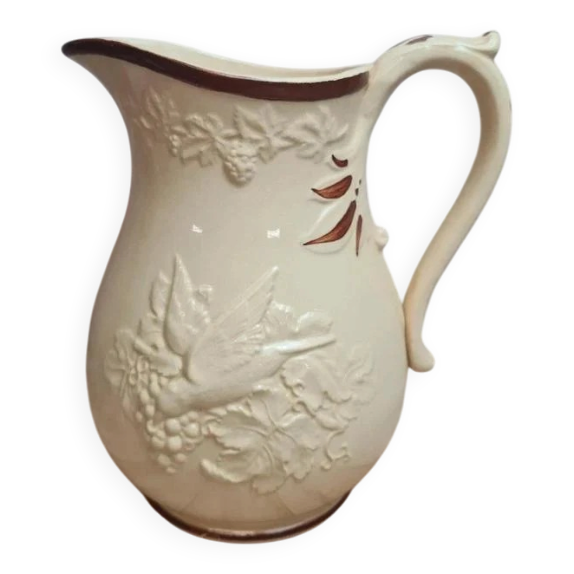 Old Pichet KG Lunéville No. 1 in ironstone, relief bird decoration, vintage