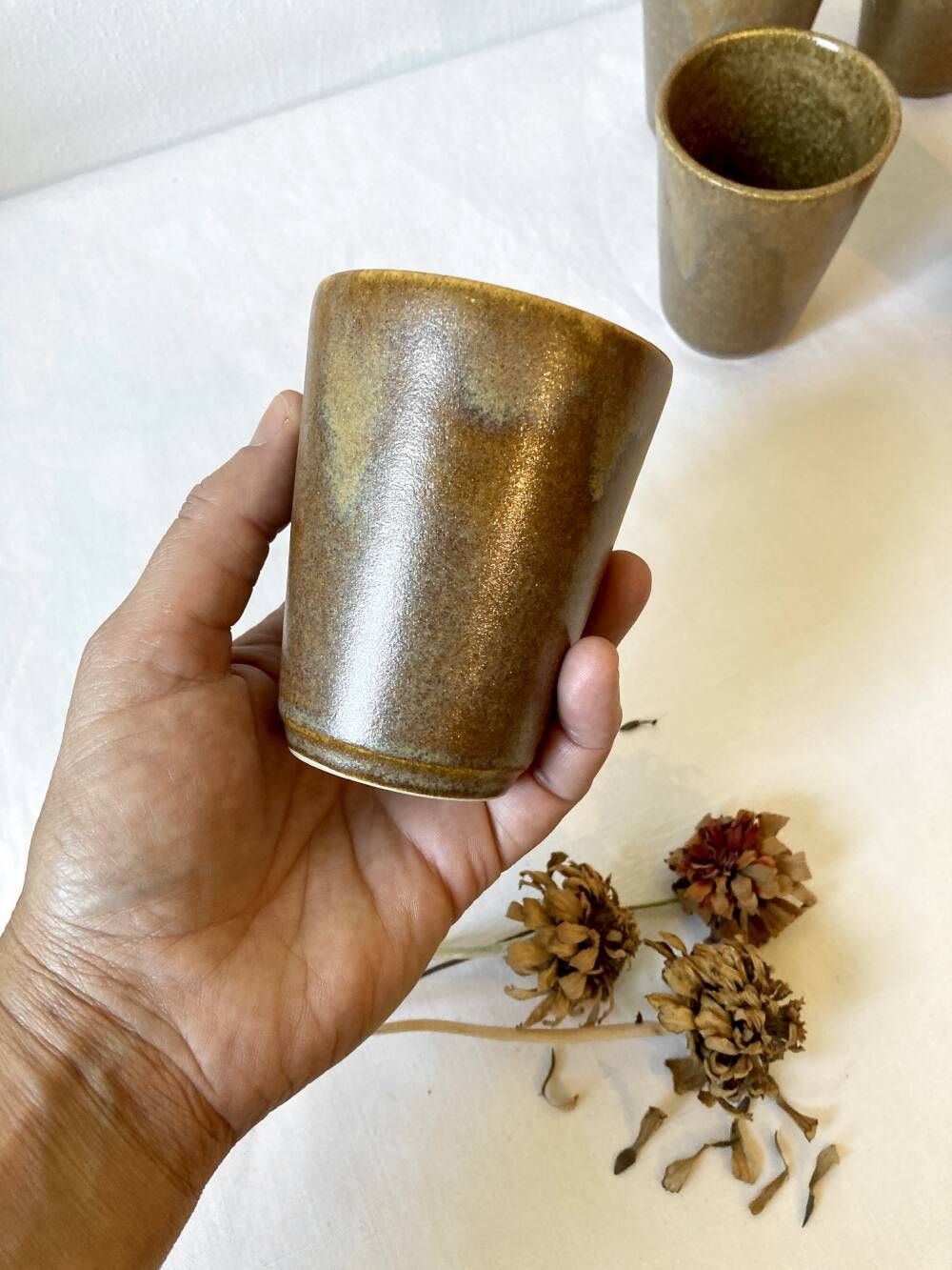Set of 12 glazed stoneware cups, Digoin Stoneware Pots