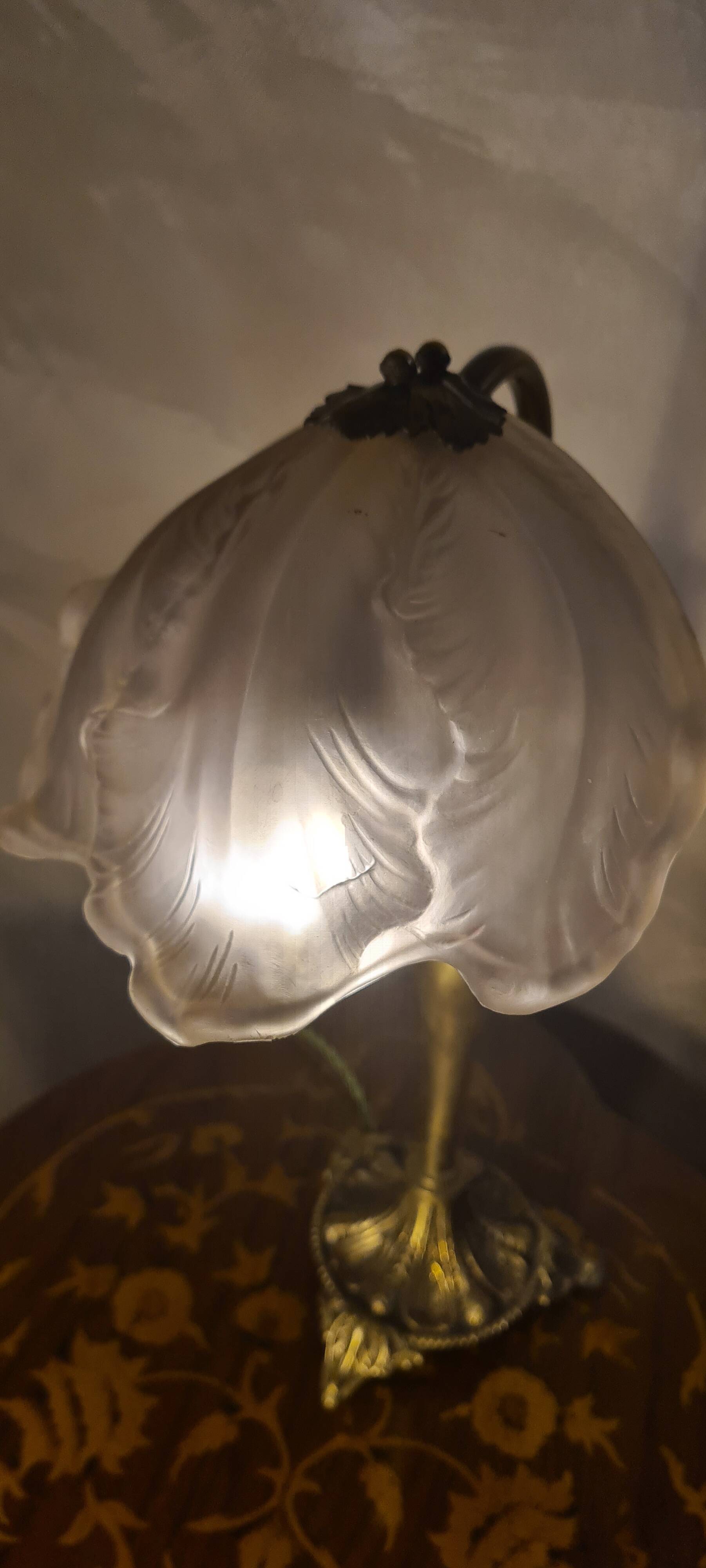 antique art nouveau bronze lamp with molded glass petals 43x25 cm