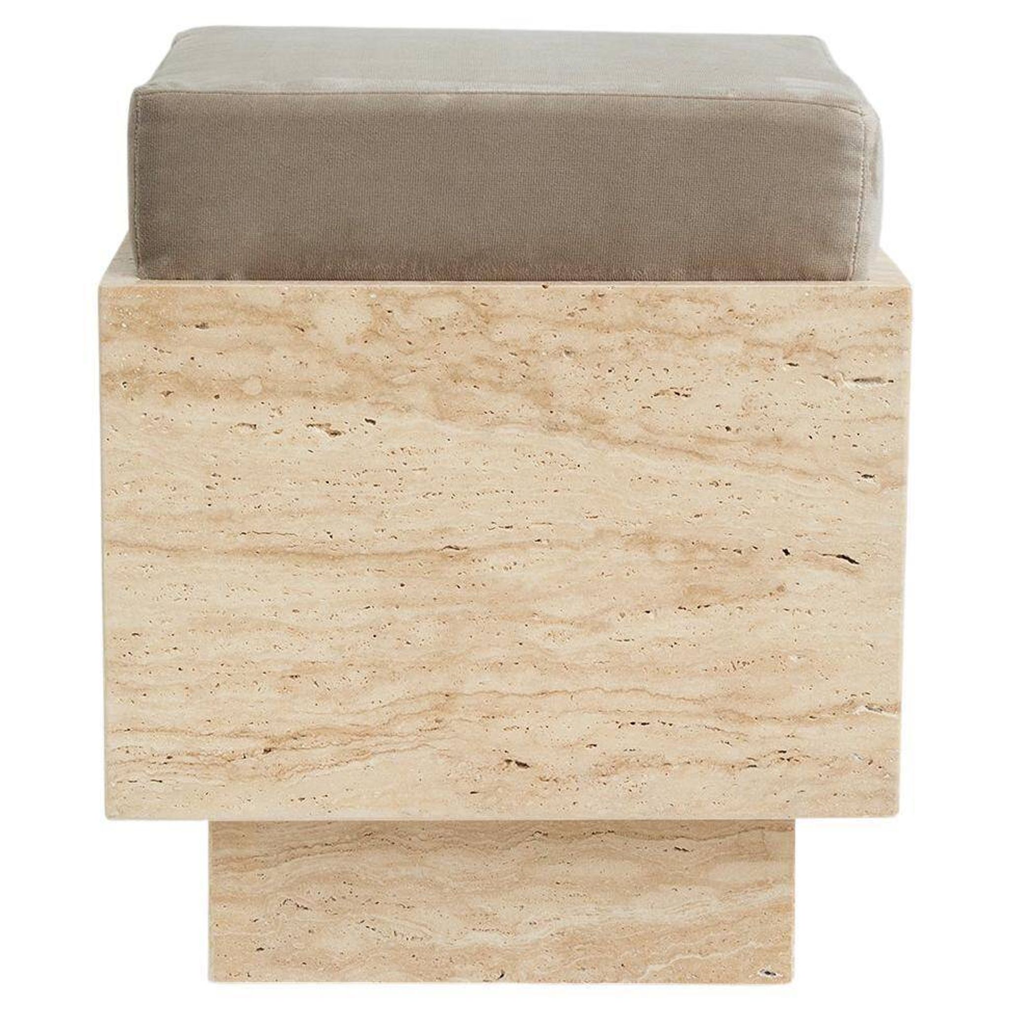 Tabouret cubique en travertin avec coussin en velours
