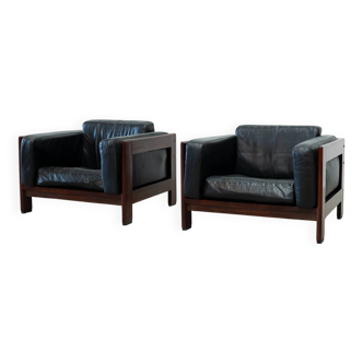 Italian leather and rosewood lounge chairs