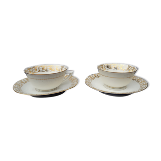 2 cups with pastry saucers and enamel from Limoges Mehun M and S
