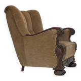 1960s, Danish relax chair, original green furniture velour, oak wood.