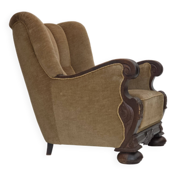 1960s, Danish relax chair, original green furniture velour, oak wood.