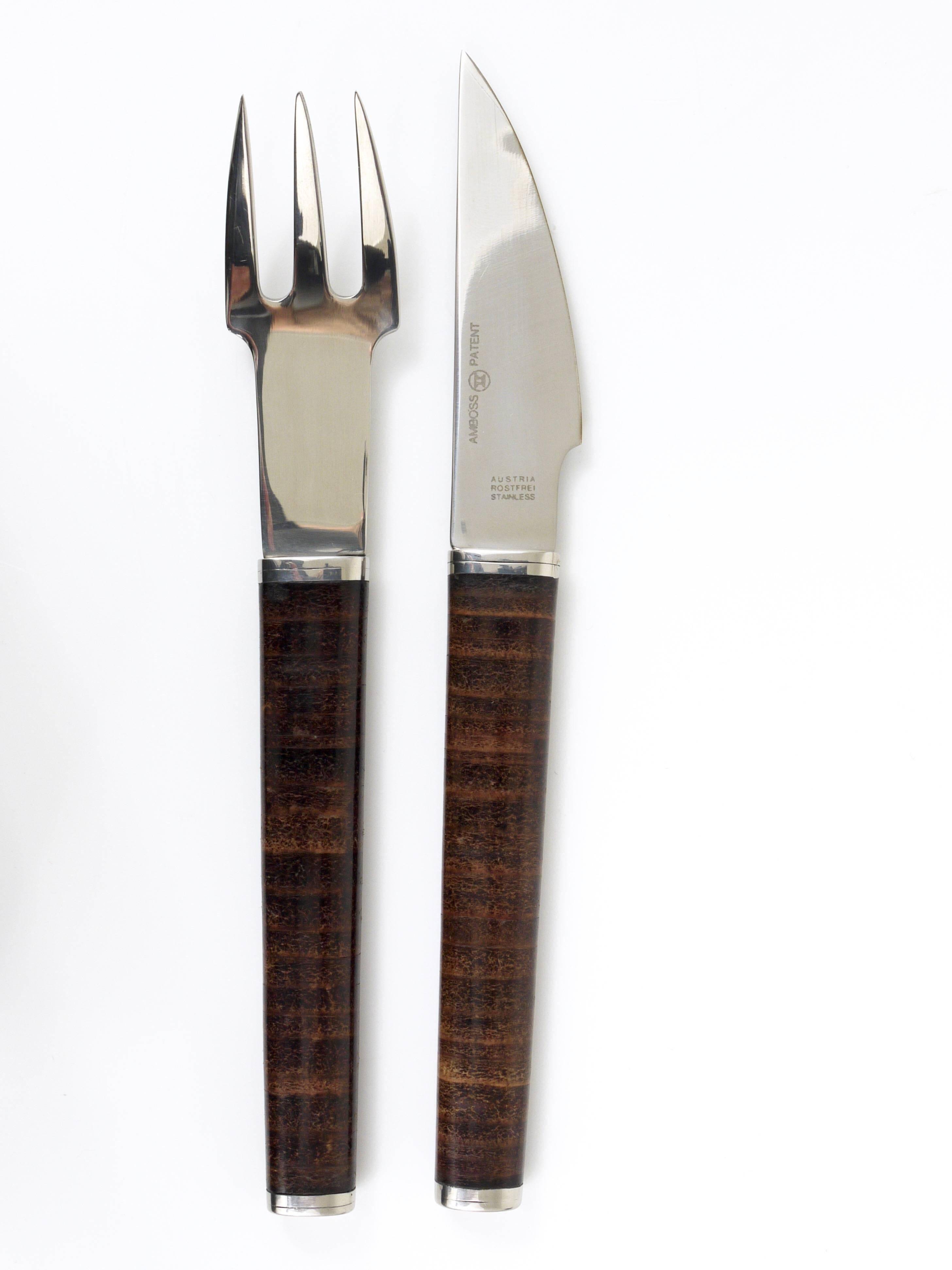 Snack set János Megyik, knife, fork and wooden board, Amboss Austria, 1970s