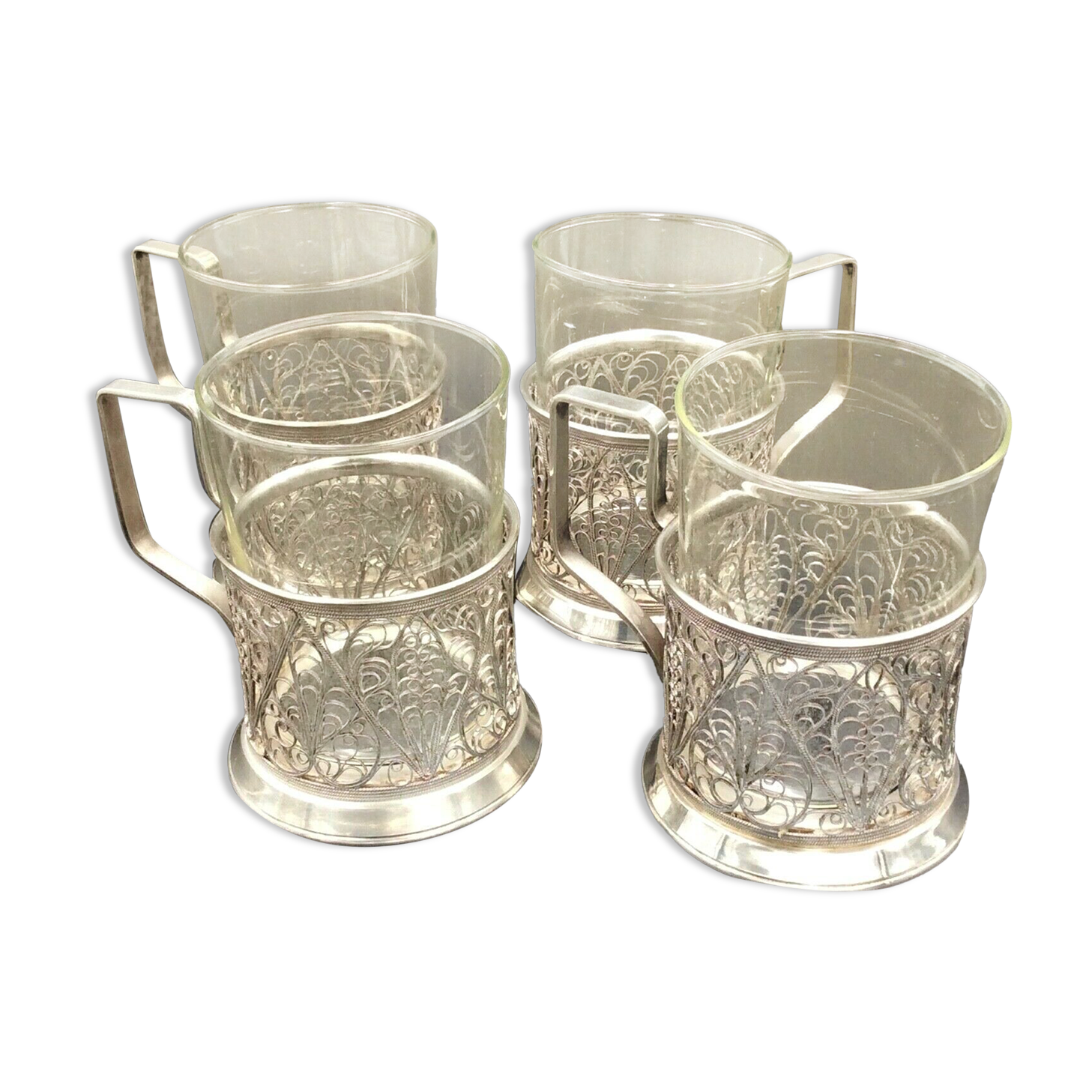 4 russian tea cups silver metal watermarked ussr